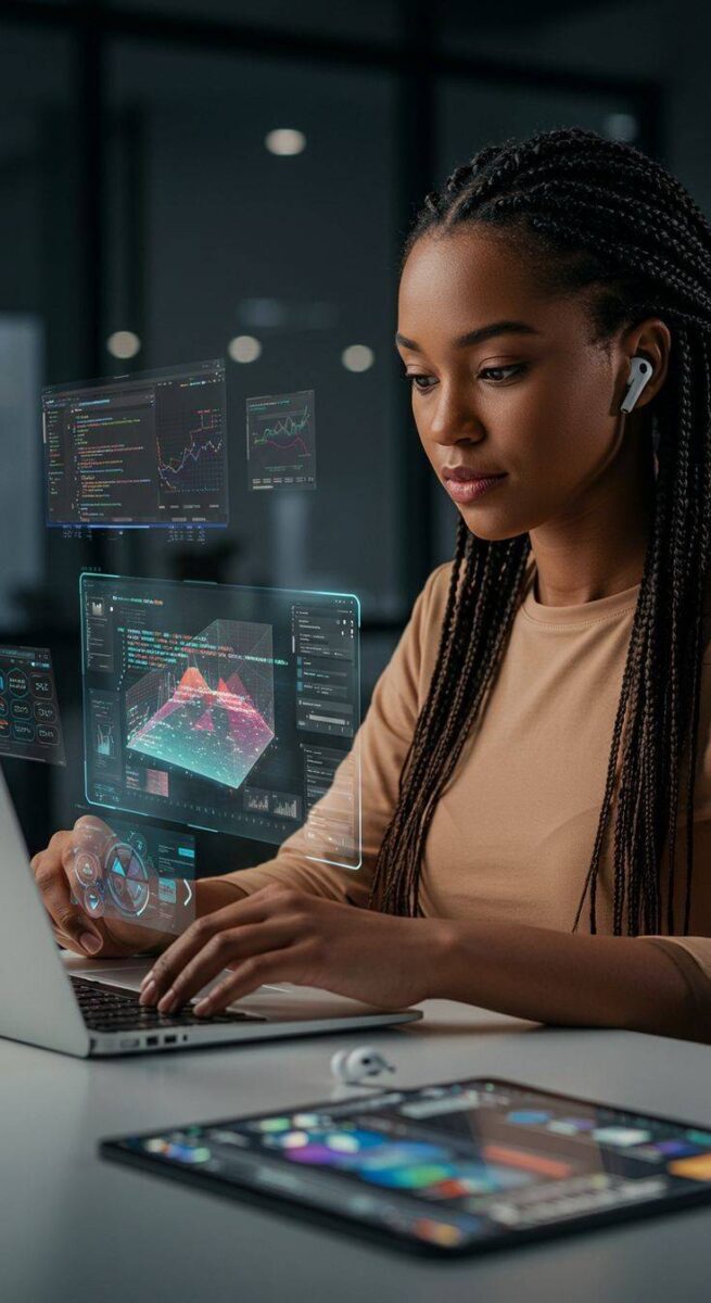 A Nigerian regulatory agency official using an AI-powered compliance screening system to review and process a large volume of regulatory applications efficiently